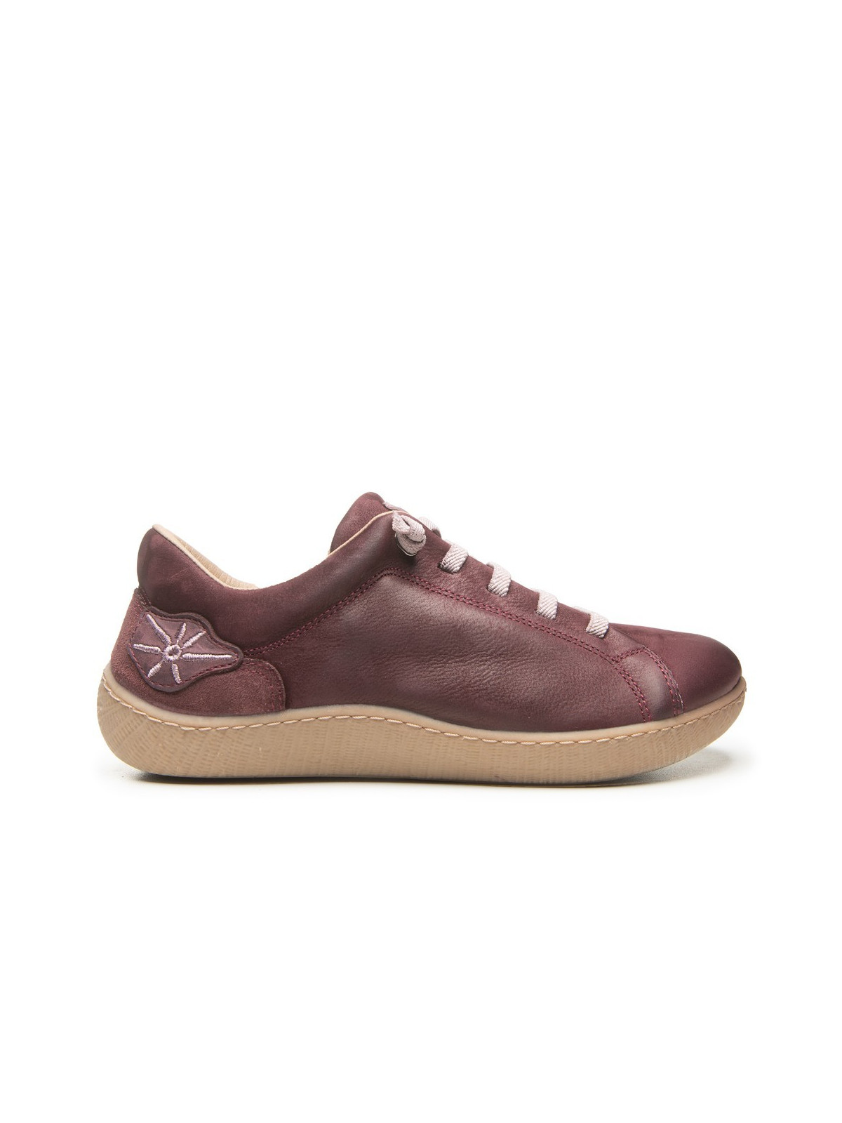 chaussures en cuir aubergine lacets élastiques soleil sur le côté