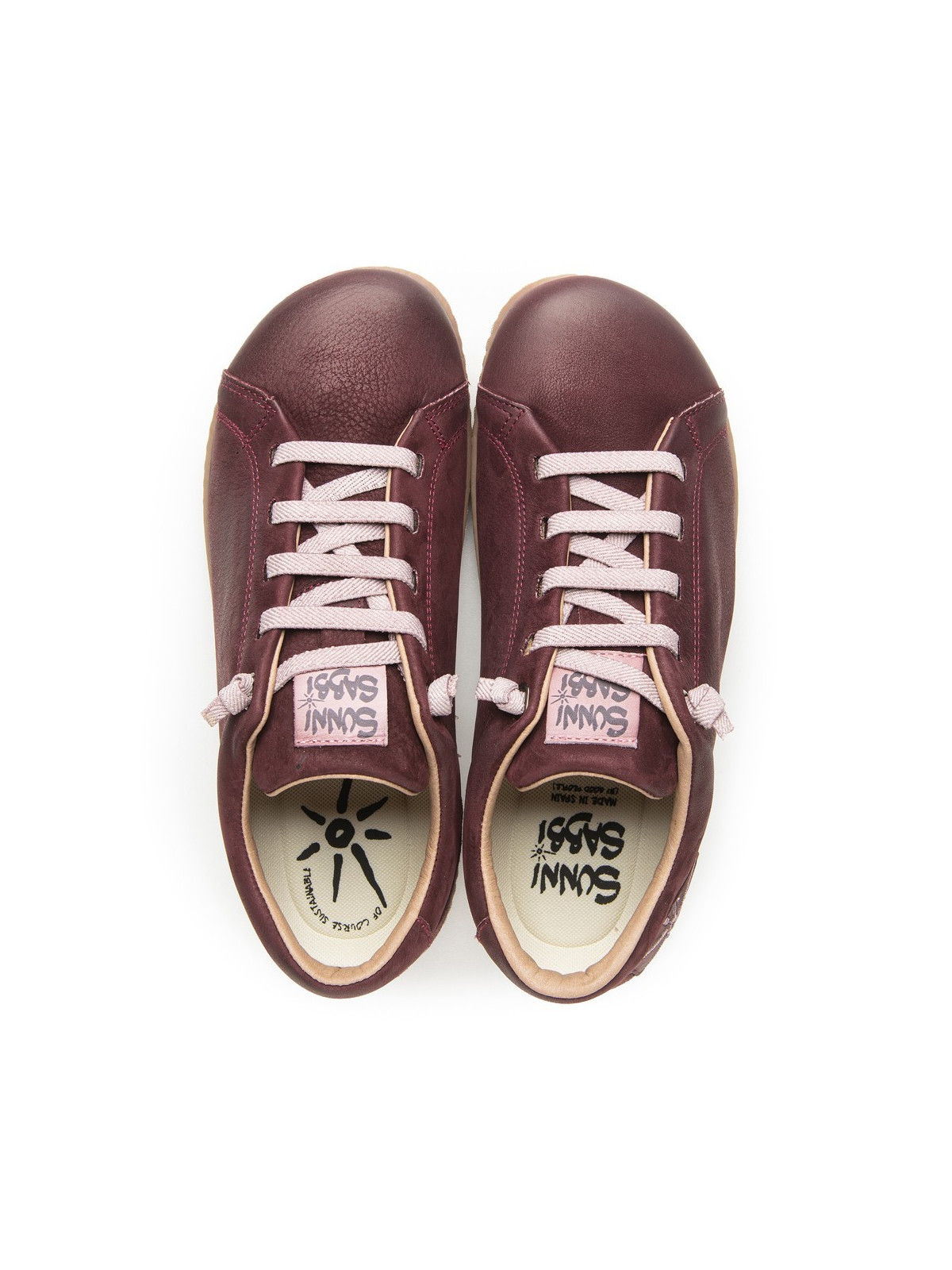 chaussures en cuir aubergine lacets élastiques soleil sur le côté