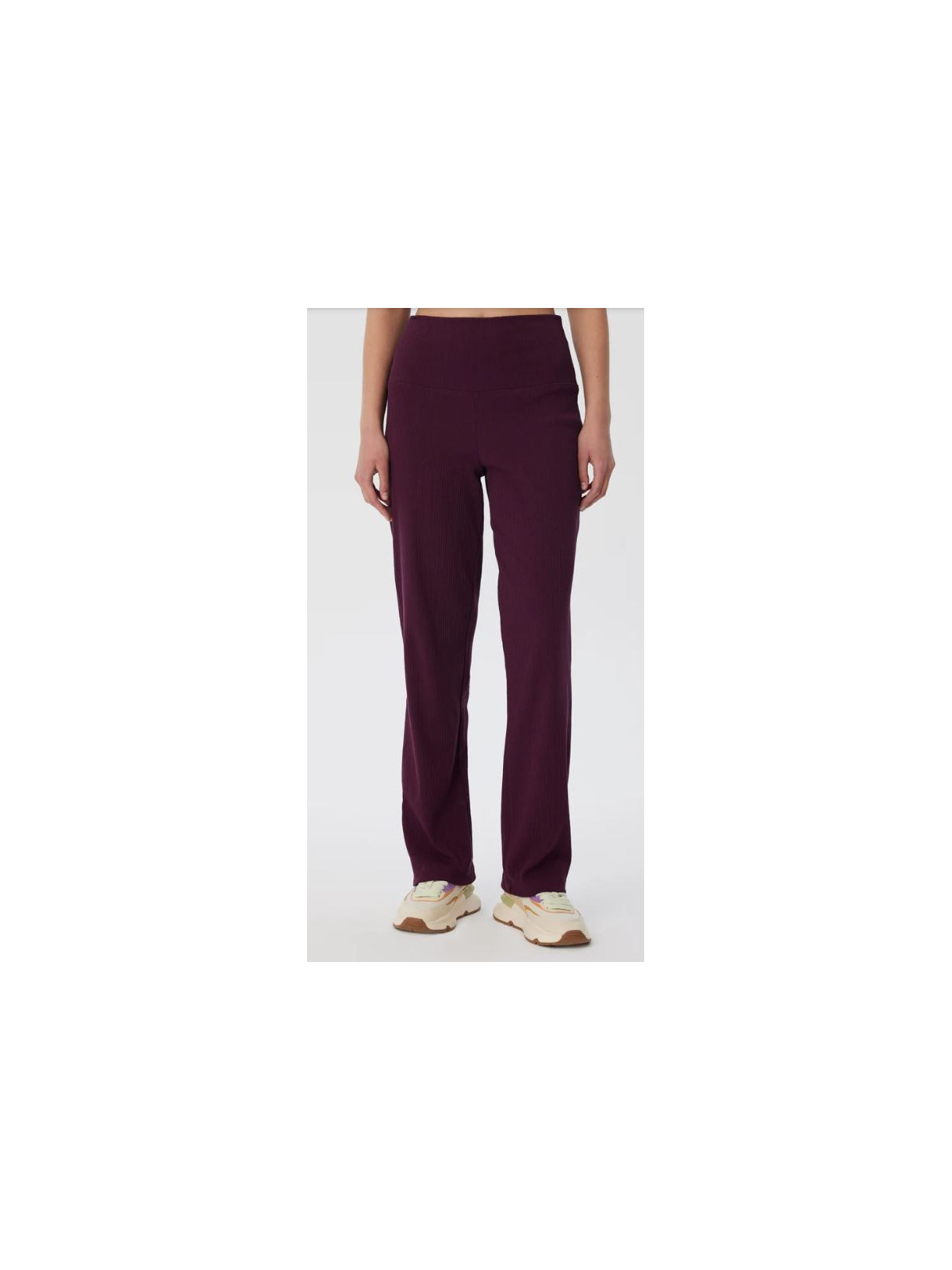 pantalon coupe droite large à côtes couleur aubergine taille élastique