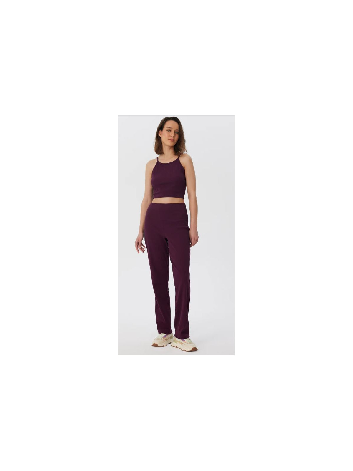 pantalon coupe droite large à côtes couleur aubergine taille élastique
