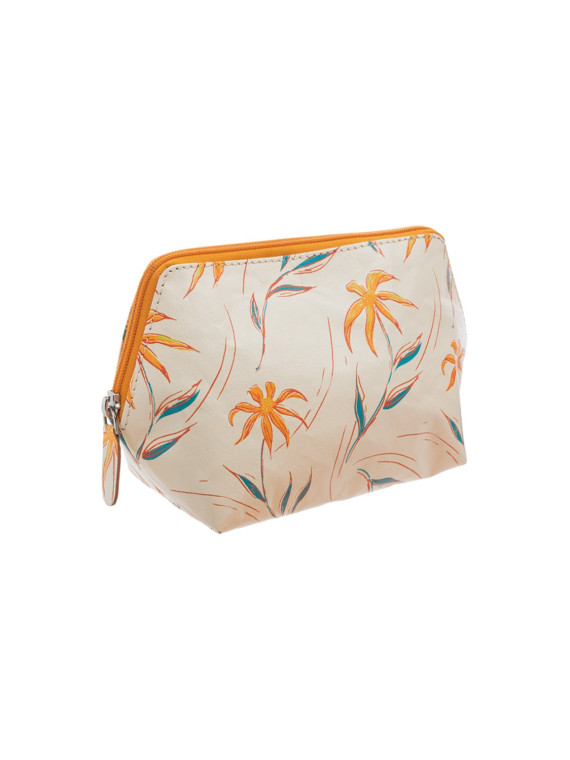 trousse cosmétique beige avec motifs fleurs orange