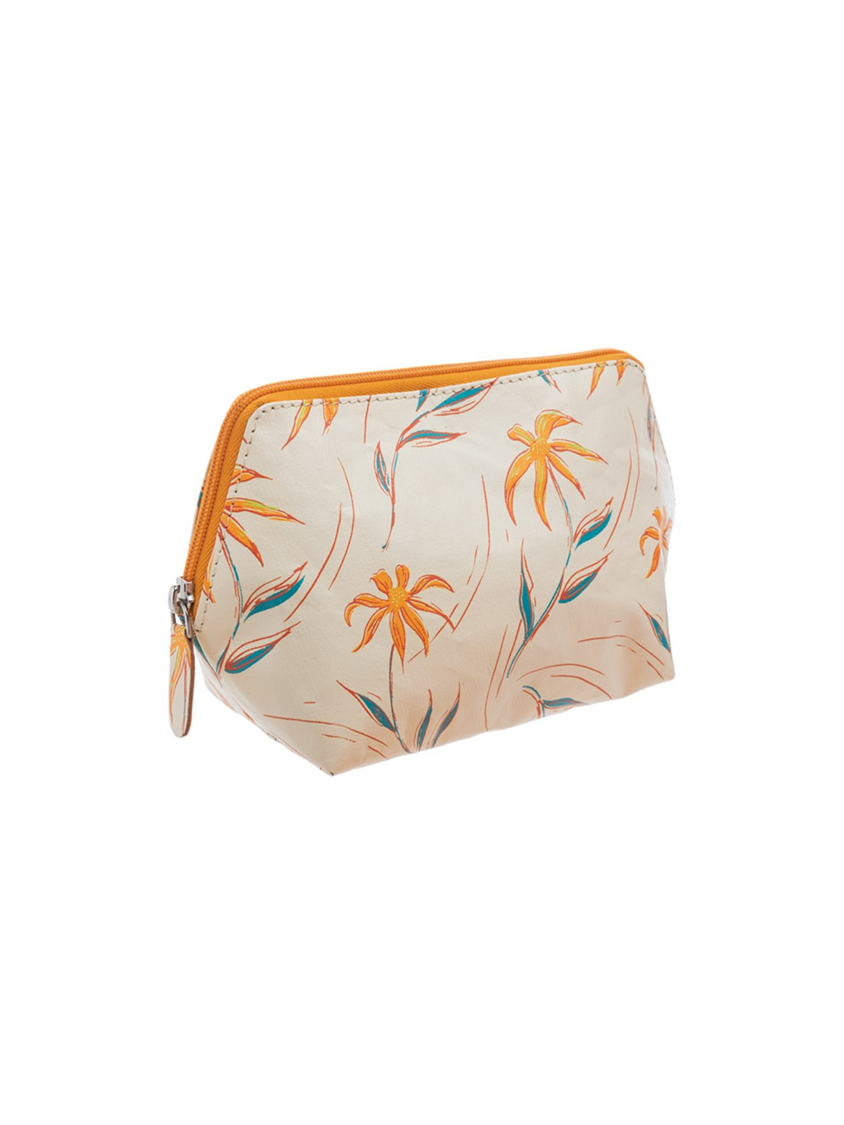 trousse cosmétique beige avec motifs fleurs orange
