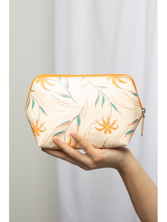 trousse cosmétique beige avec motifs fleurs orange