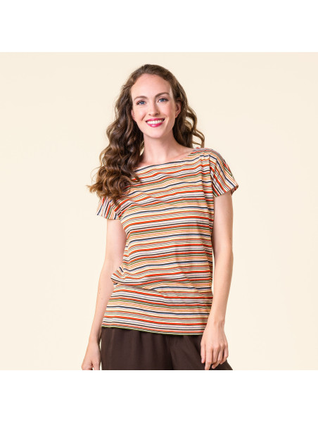 t-shirt col bateau rayé rouge vert bleu et écru