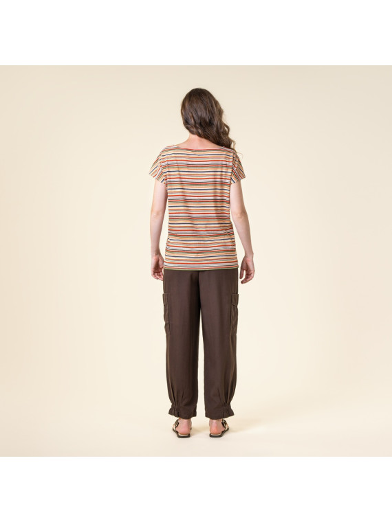 t-shirt col bateau rayé rouge vert bleu et écru