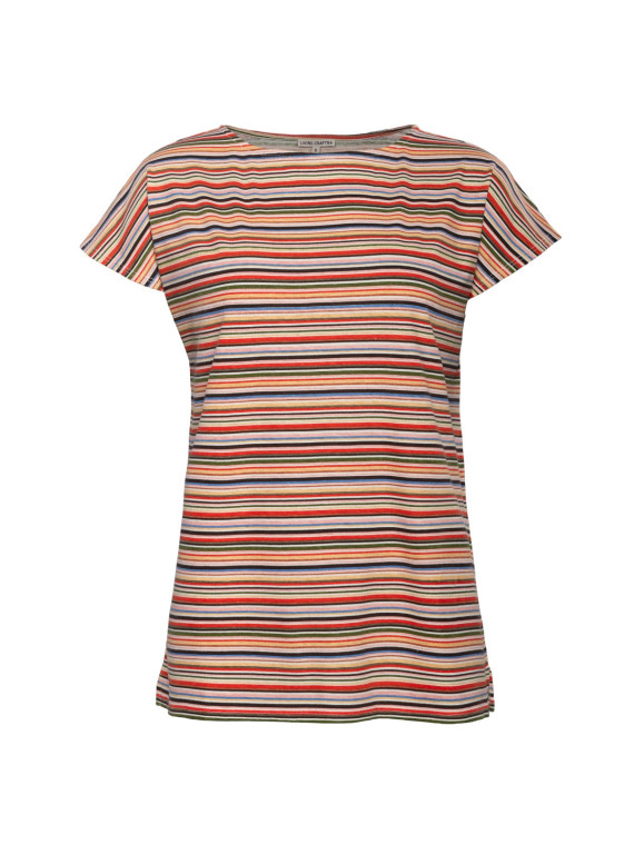 t-shirt col bateau rayé rouge vert bleu et écru