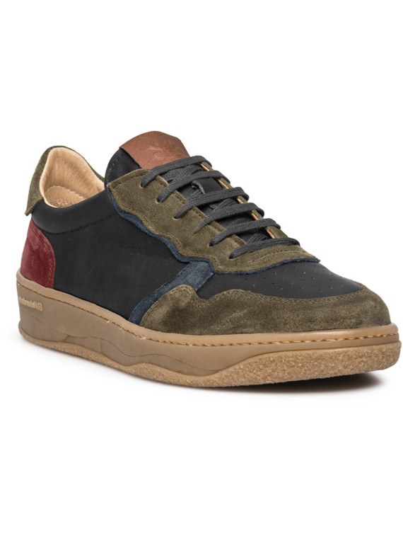 chaussures cuir noir avec touches de bleu vert et bordeaux