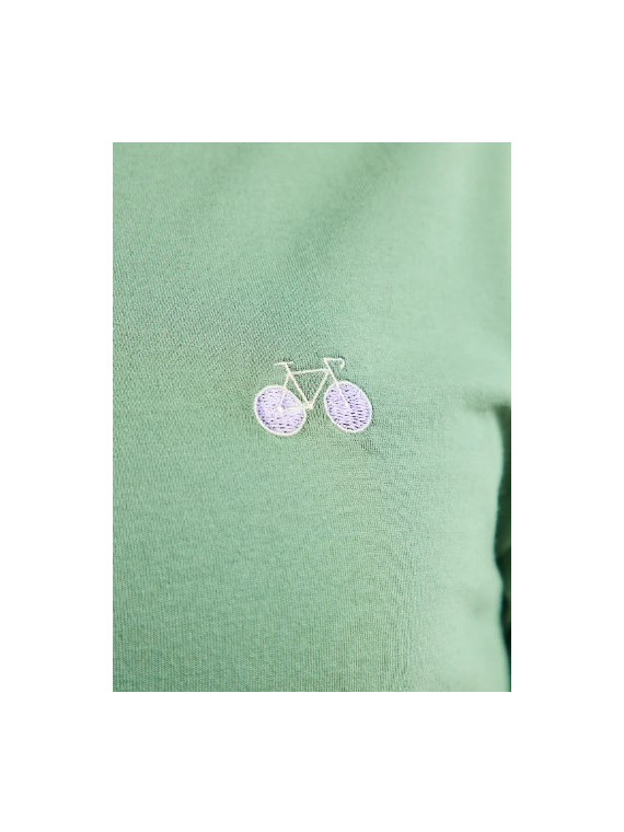 tee-shirt homme vert avec broderie vélo lila sur la poitrine