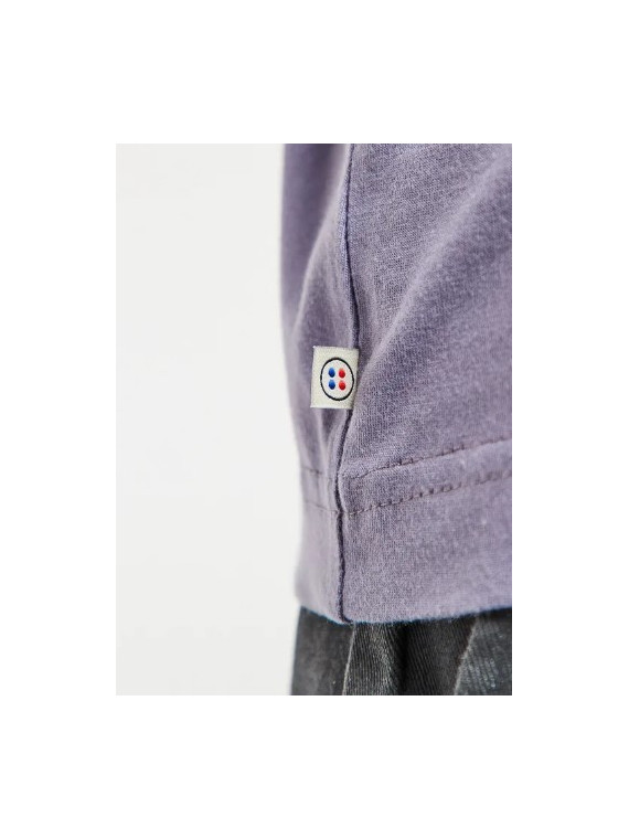 tee-shirt femme col rond couleur lavande avec vélo brodé vert sur la poitrine