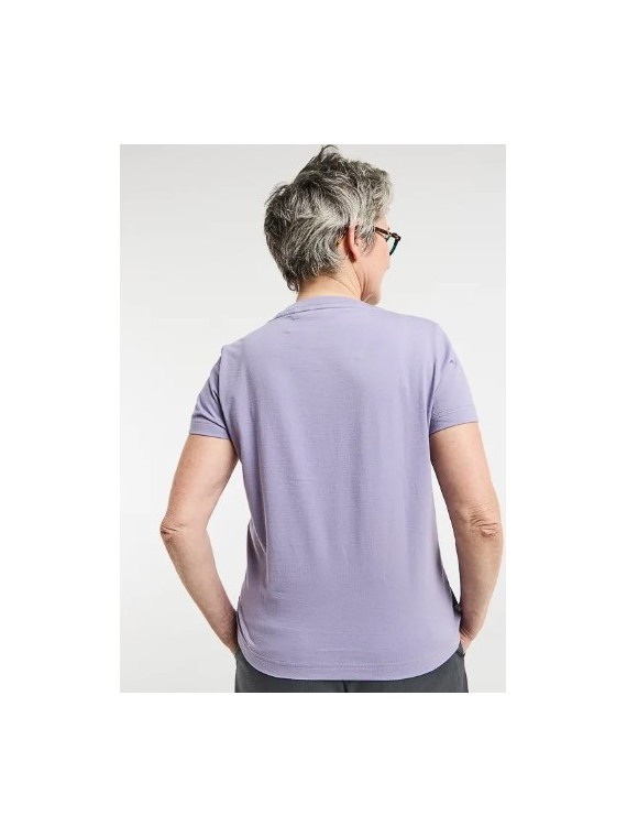 tee-shirt femme col rond couleur lavande avec vélo brodé vert sur la poitrine