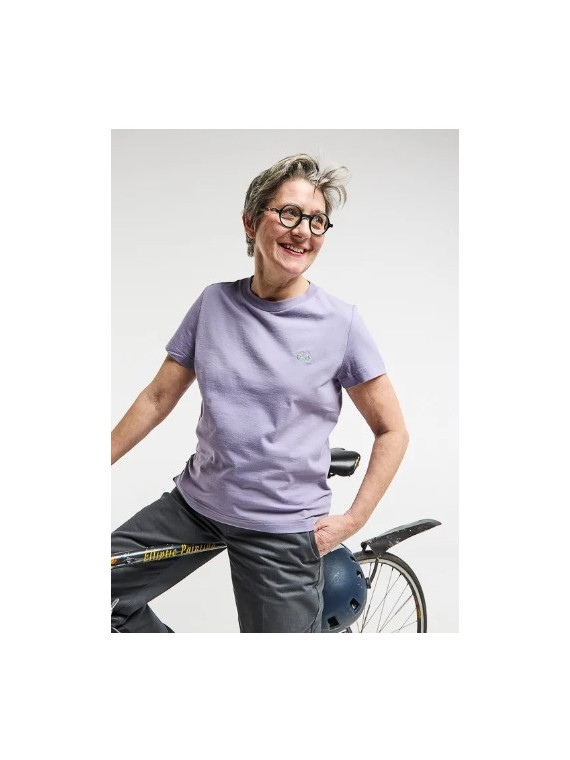 tee-shirt femme col rond couleur lavande avec vélo brodé vert sur la poitrine