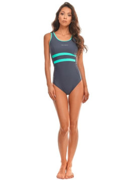 maillot de bain femme 1 pièce dos nageur gris avec bandes turquoises