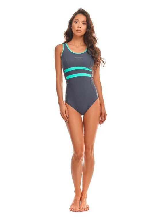 maillot de bain femme 1 pièce dos nageur gris avec bandes turquoises