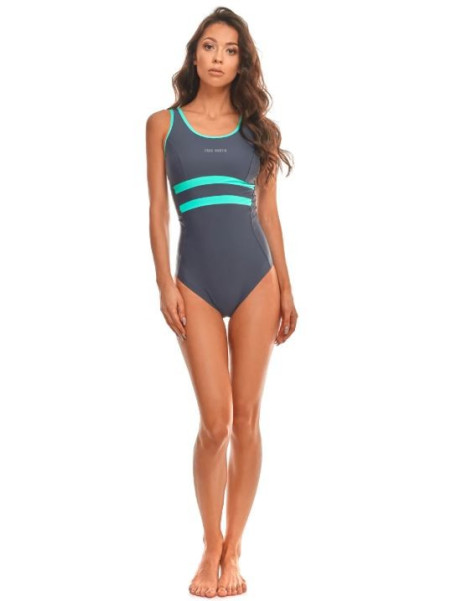 maillot de bain femme 1 pièce dos nageur gris avec bandes turquoises