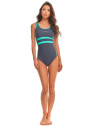 maillot de bain femme 1 pièce dos nageur gris avec bandes turquoises
