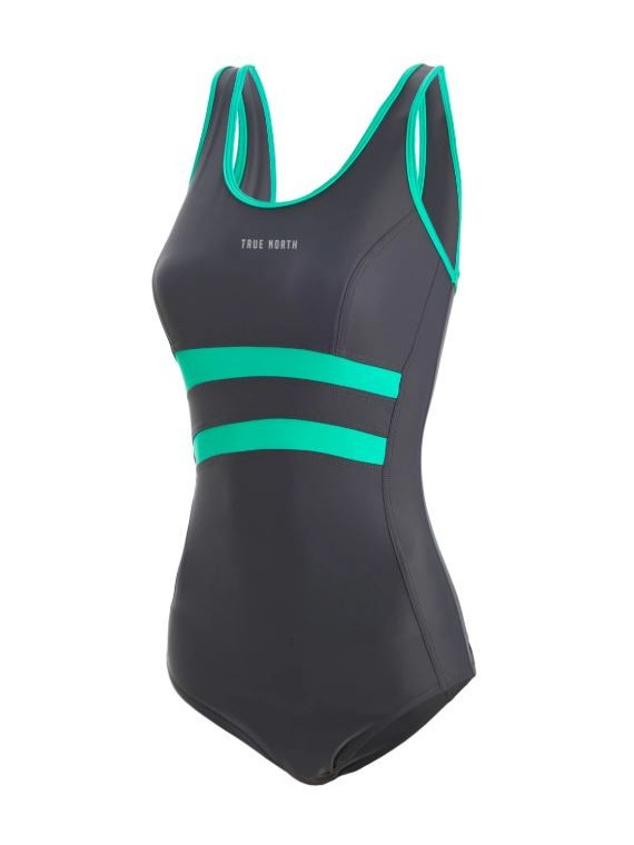 maillot de bain femme 1 pièce dos nageur gris avec bandes turquoises