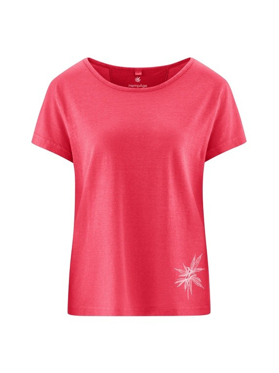 tee-shirt femme rose magnolia col rond imprimé feuille de chanvre en bas à gauche