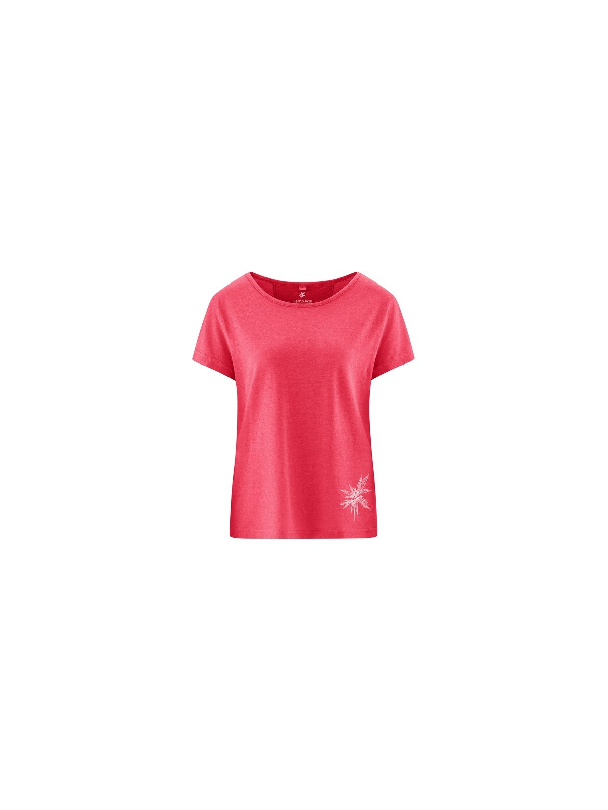 tee-shirt femme rose magnolia col rond imprimé feuille de chanvre en bas à gauche