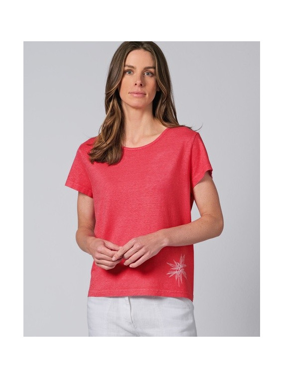 tee-shirt femme rose magnolia col rond imprimé feuille de chanvre en bas à gauche