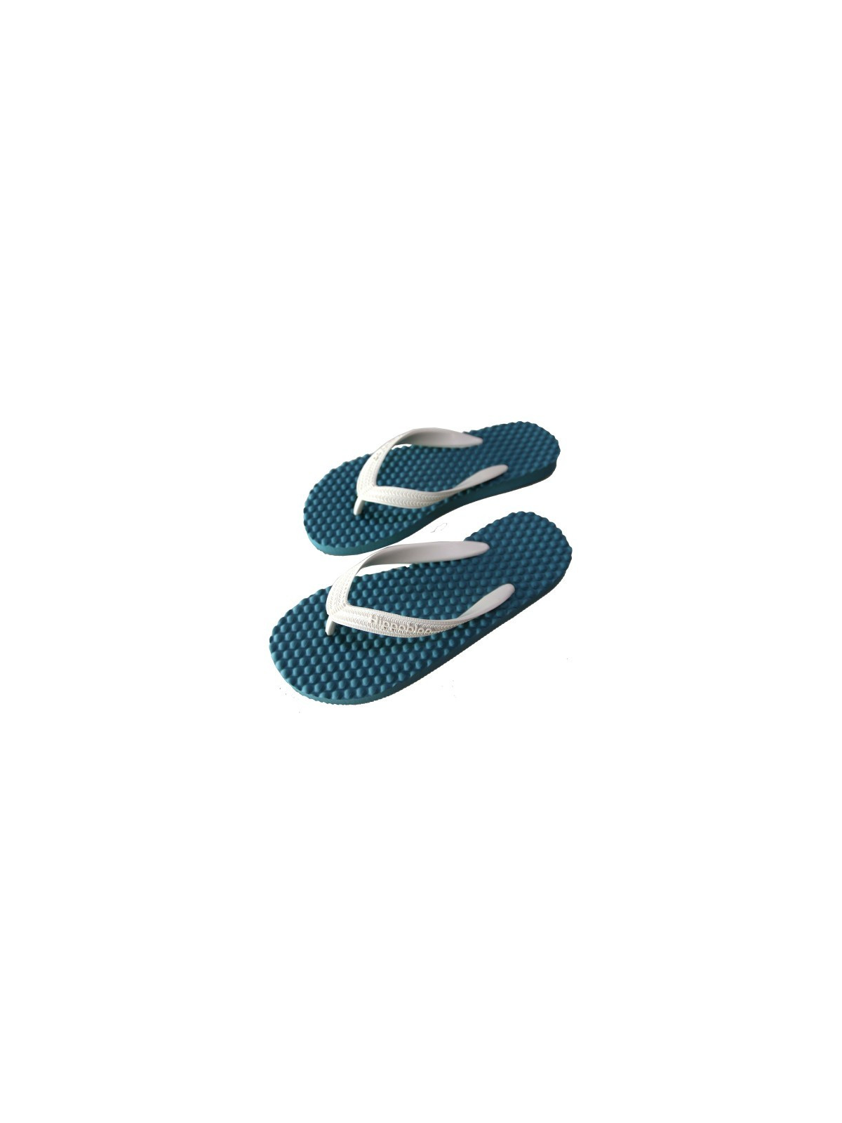 tongs semelle bleue avec petits picots de massage bride blanche