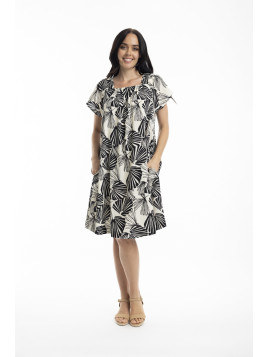 robe longueur genou imprimé fleurs noires sur fond blanc