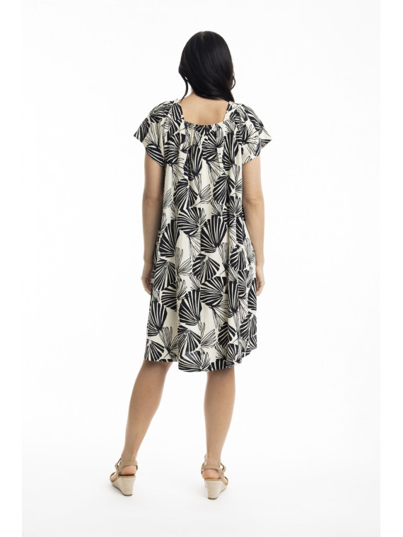 robe longueur genou imprimé fleurs noires sur fond blanc