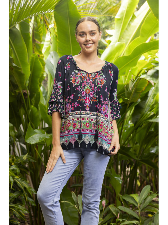 tunique femme imprimé fleurs sur fond noir