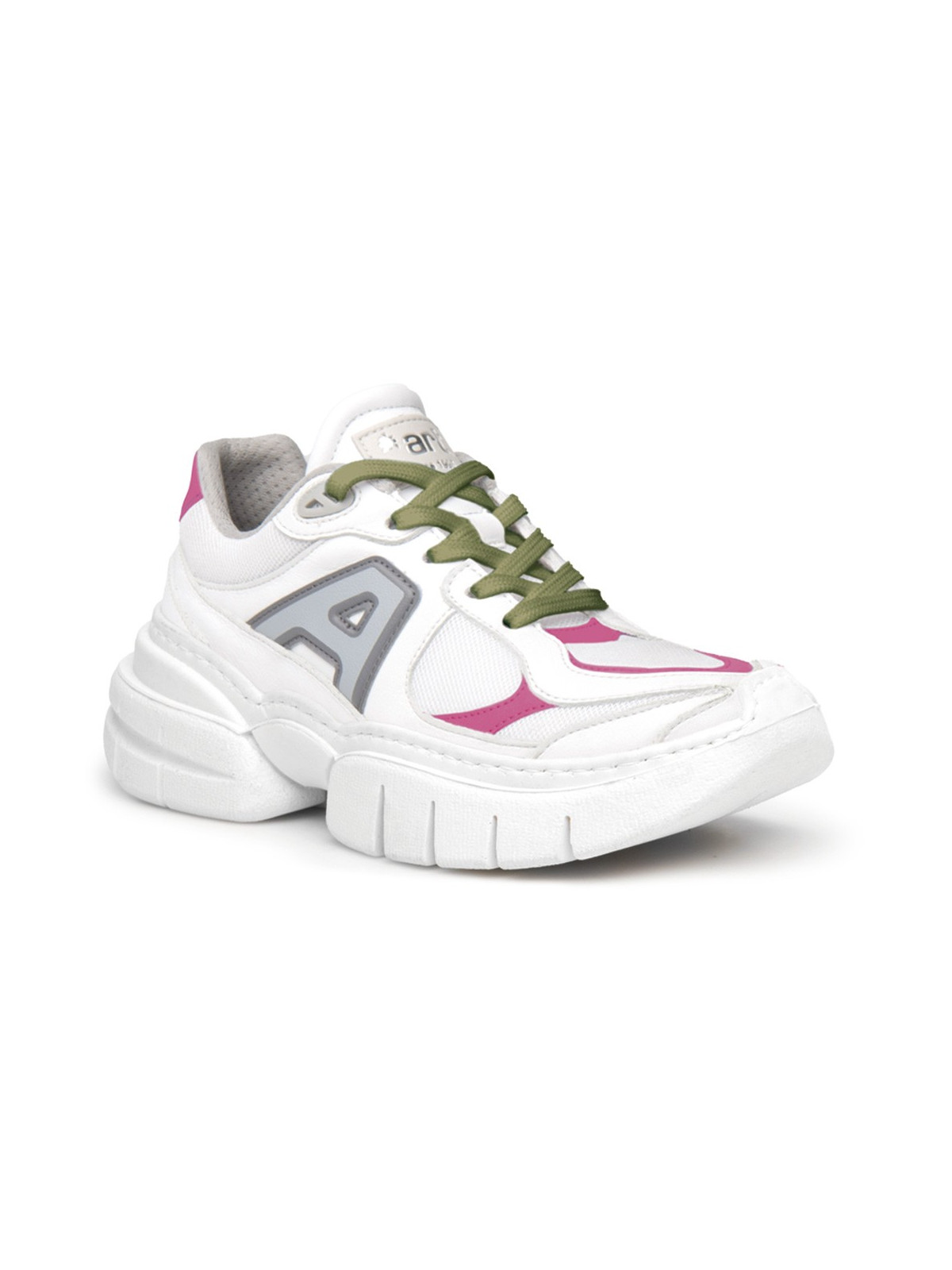 baskets blanches avec semelles épaisses motifs fuschia lacets verts