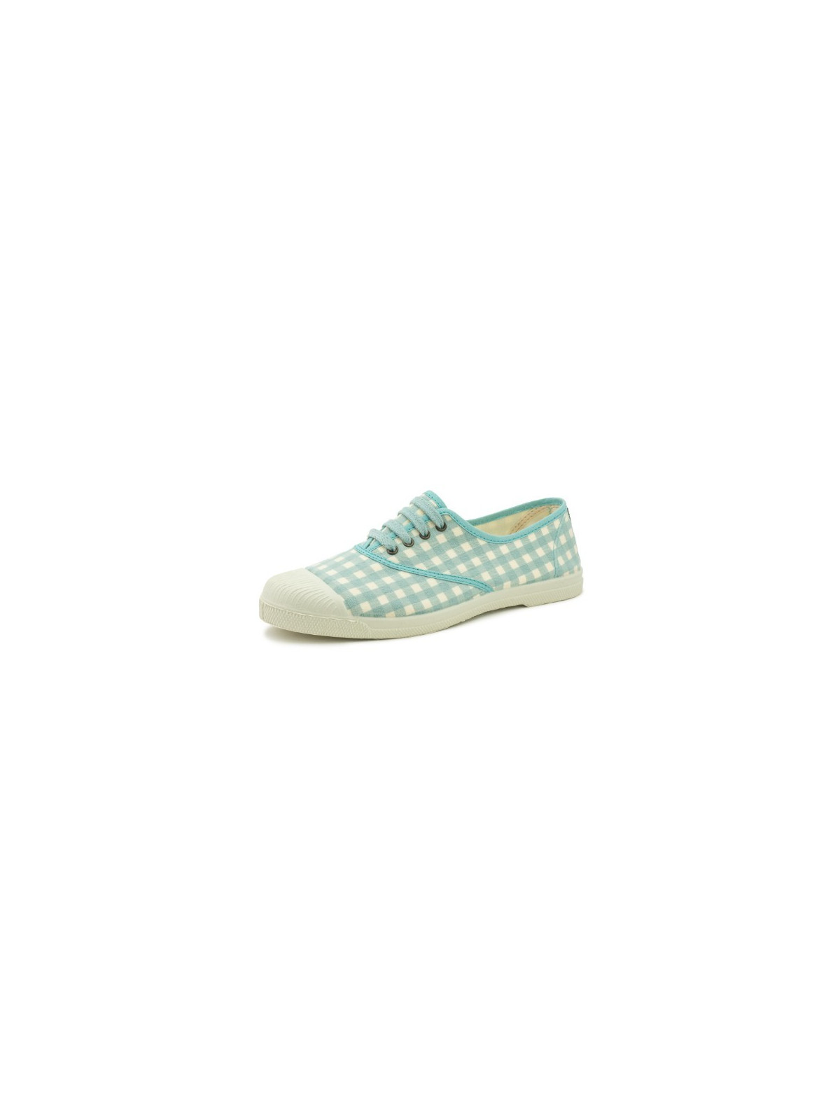baskets légères en coton bio carreaux vichy bleu ciel semelles caoutchouc blanc