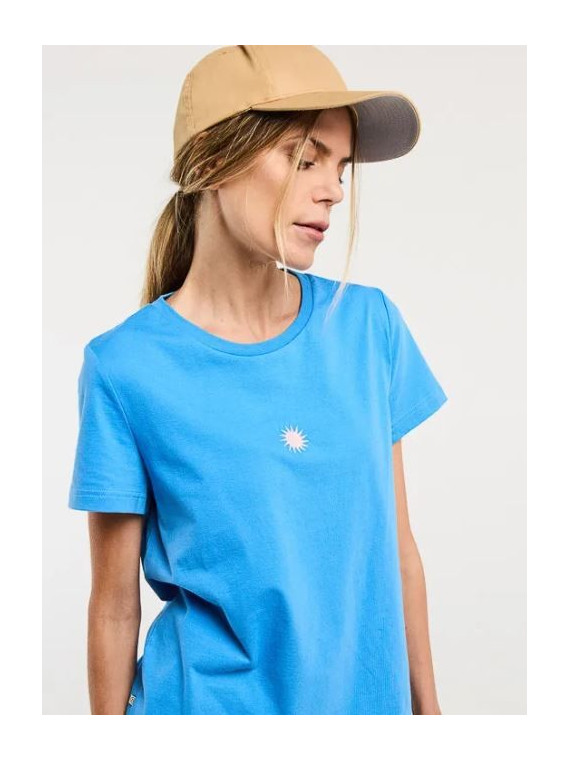 tee-shirt femme bleu avec broderie soleil