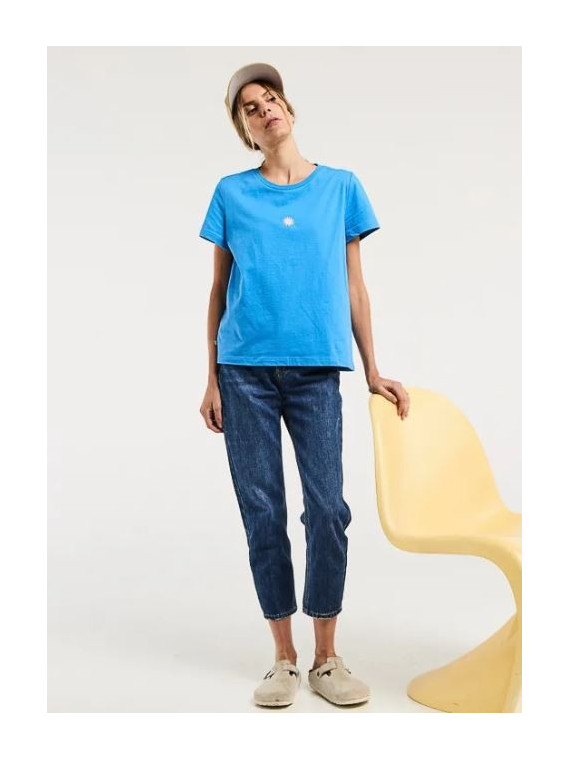 tee-shirt femme bleu avec broderie soleil