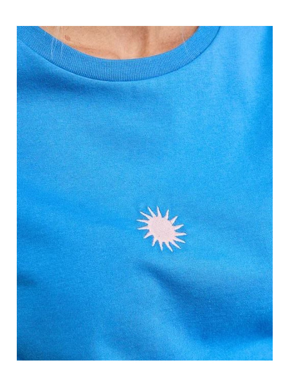 tee-shirt femme bleu avec broderie soleil
