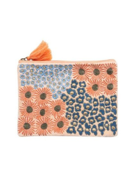 pochette cosmétique avec fermeture éclair et pompon couleur bleu et orange