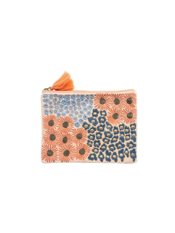 pochette cosmétique avec fermeture éclair et pompon couleur bleu et orange