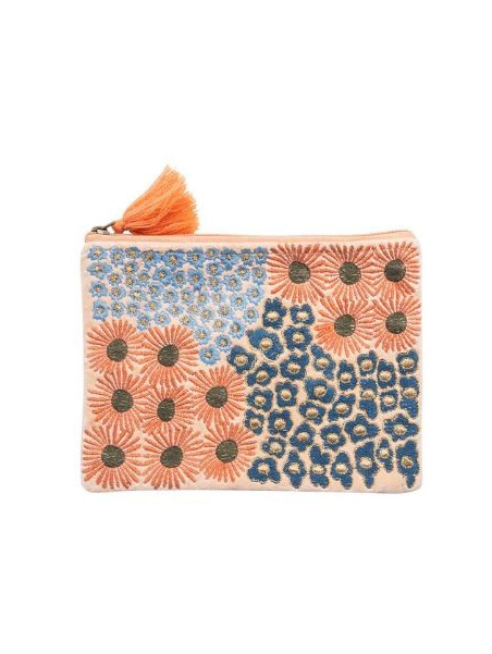 pochette cosmétique avec fermeture éclair et pompon couleur bleu et orange