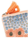 pochette cosmétique avec fermeture éclair et pompon couleur bleu et orange