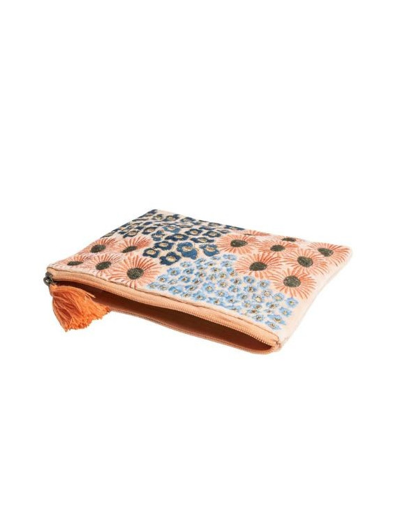 pochette cosmétique avec fermeture éclair et pompon couleur bleu et orange