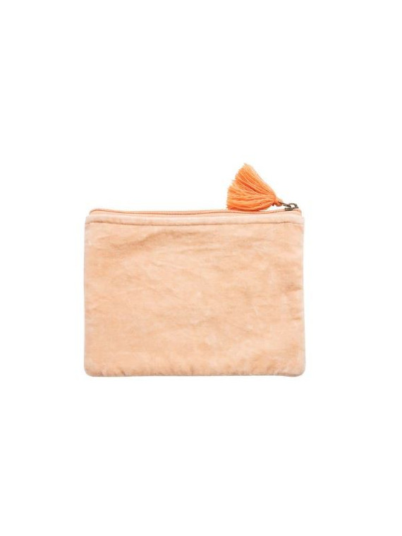 pochette cosmétique avec fermeture éclair et pompon couleur bleu et orange