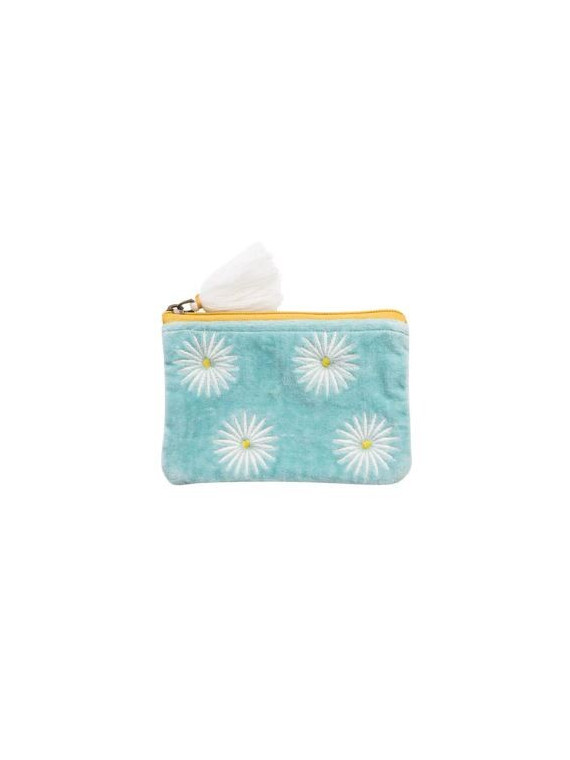pochette velours turquoise avec fleurs blanches et jaunes