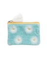 pochette velours turquoise avec fleurs blanches et jaunes
