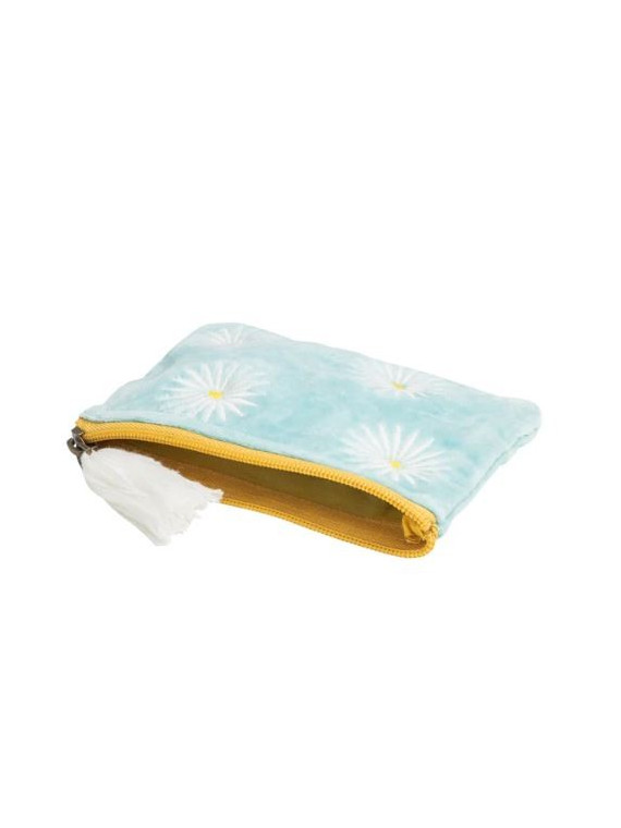 pochette velours turquoise avec fleurs blanches et jaunes