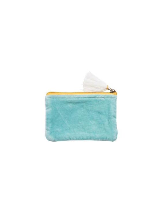 pochette velours turquoise avec fleurs blanches et jaunes