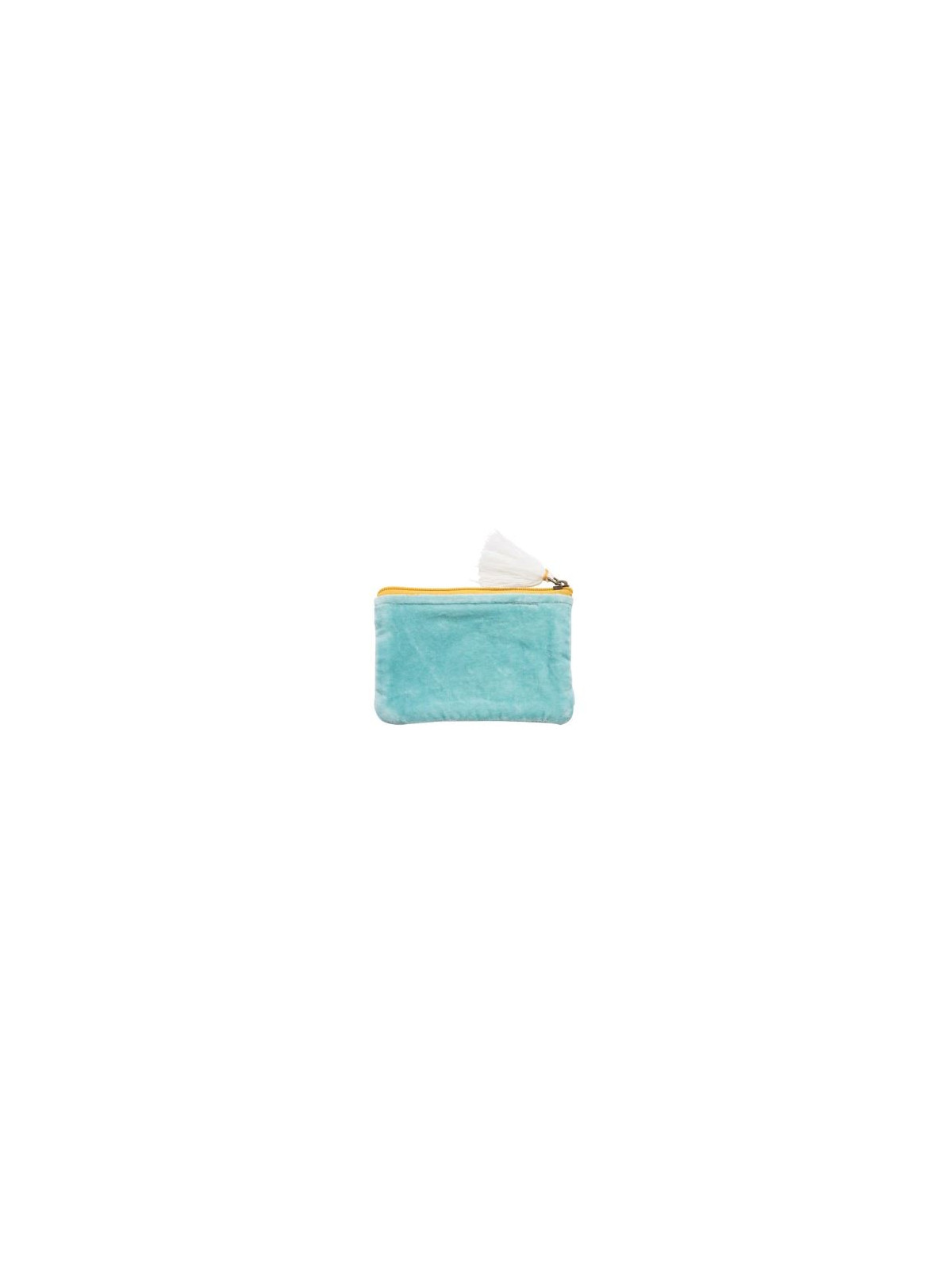 pochette velours turquoise avec fleurs blanches et jaunes