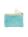 pochette velours turquoise avec fleurs blanches et jaunes