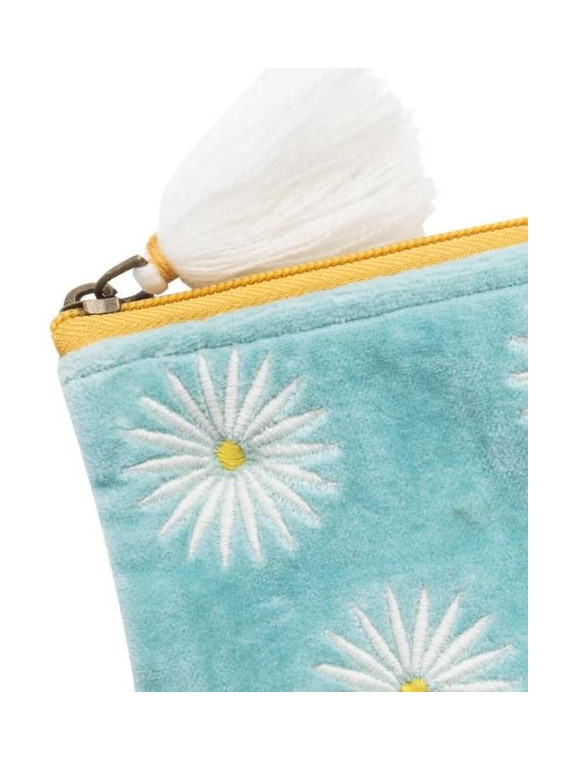pochette velours turquoise avec fleurs blanches et jaunes