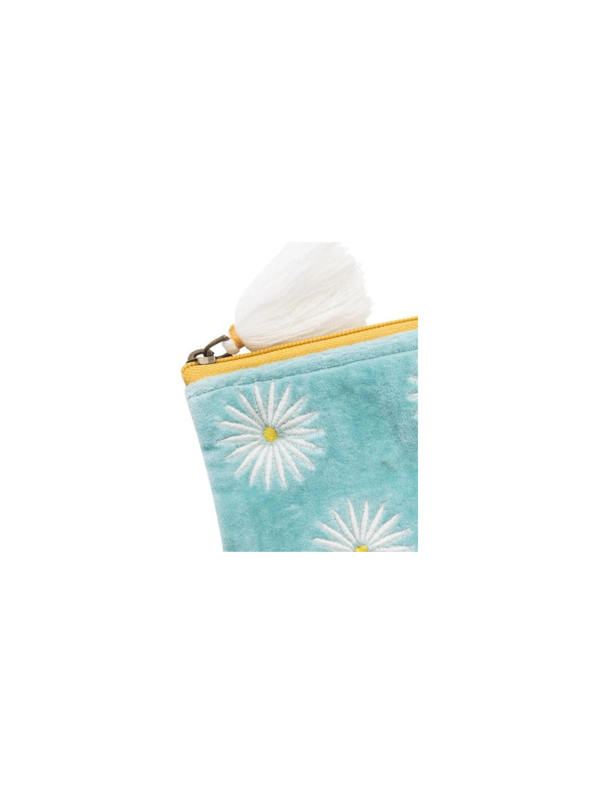 pochette velours turquoise avec fleurs blanches et jaunes