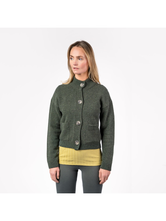 gilet court grosses mailles vert foncé avec boutons et poches