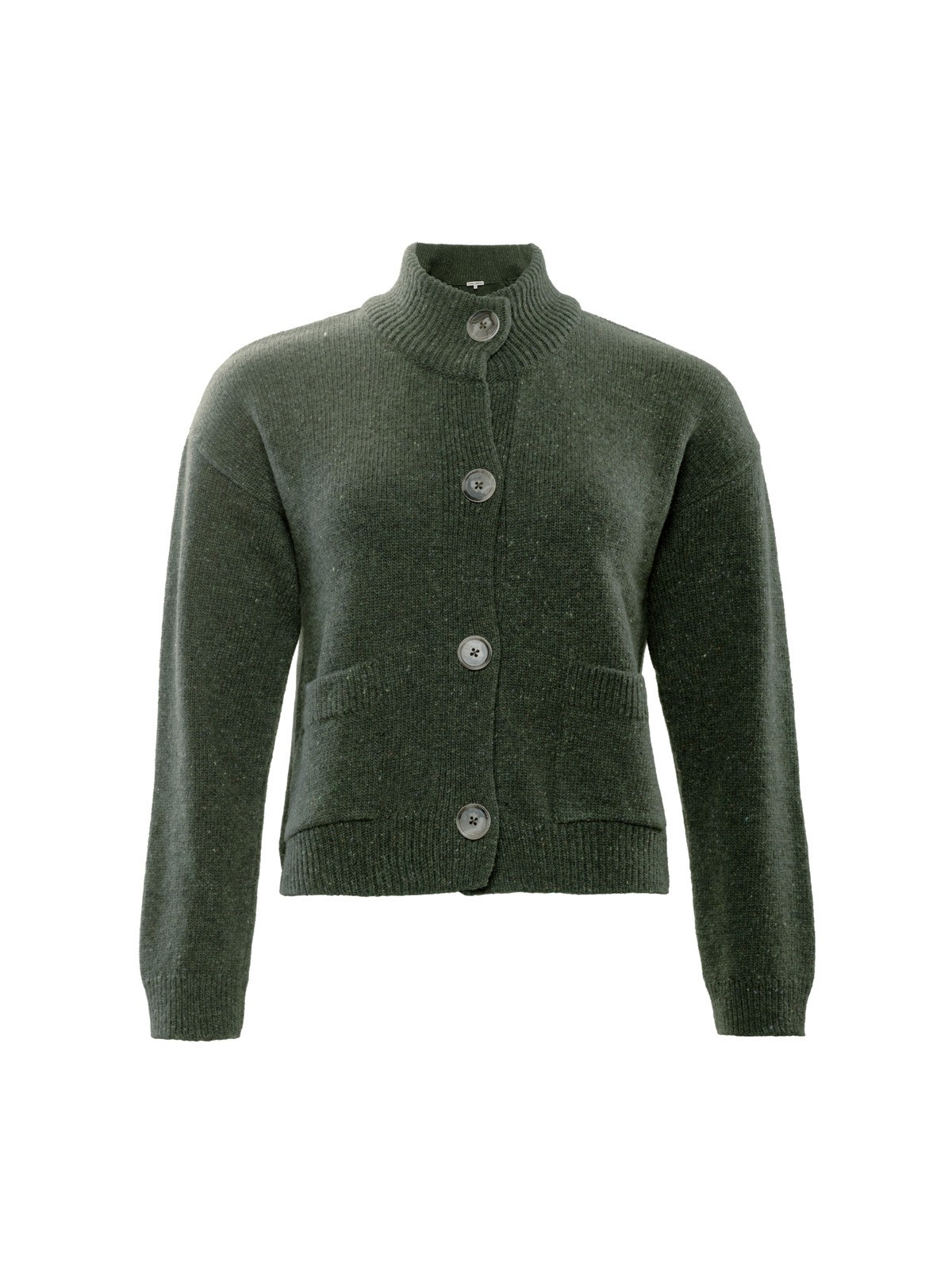 gilet court grosses mailles vert foncé avec boutons et poches