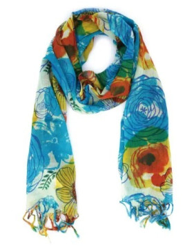 écharpe laine turquoise orange et verte motifs fleuris