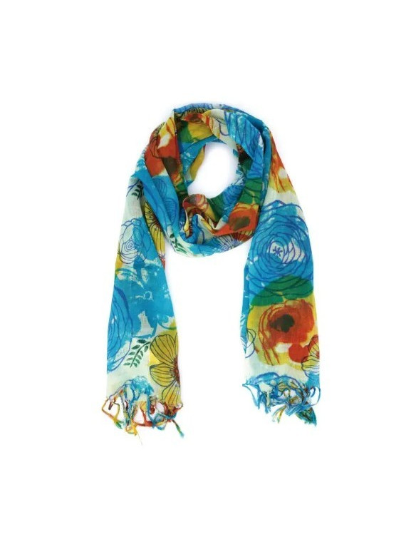 écharpe laine turquoise orange et verte motifs fleuris